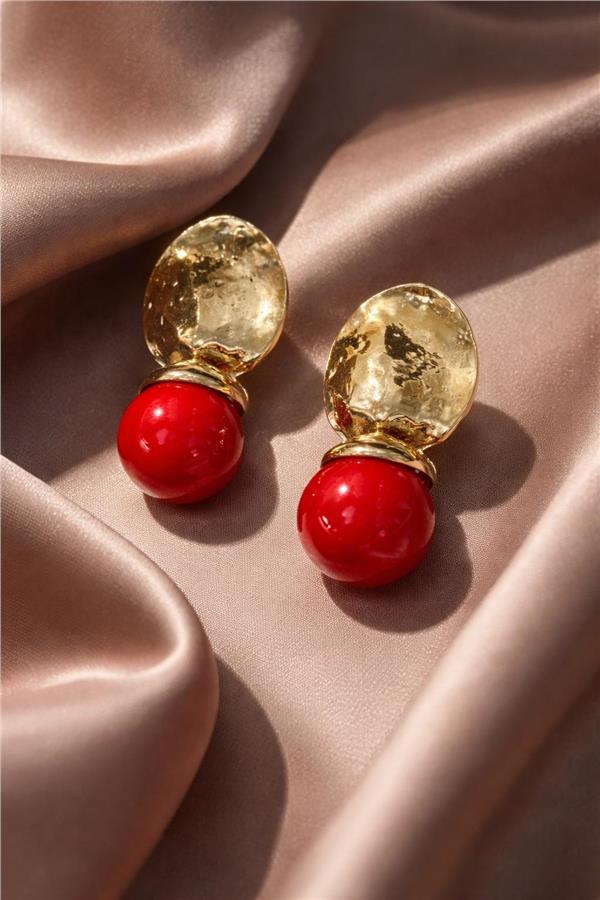 Emily Kırmızı - Gold Yuvarlak Küpe